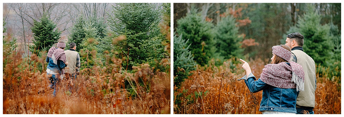 Couple browsing Christmas trees during a holiday photo session in Horseheads, NY
