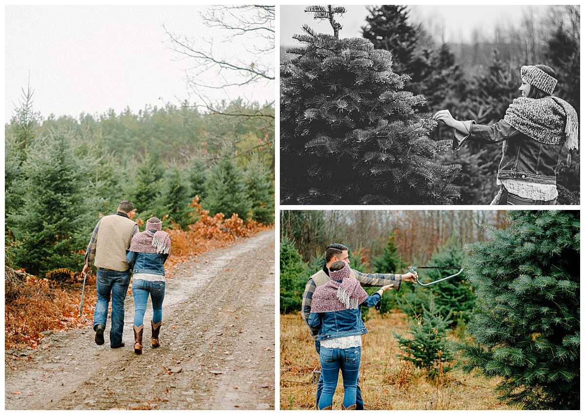 Couple browsing Christmas trees during a holiday photo session in Horseheads, NY