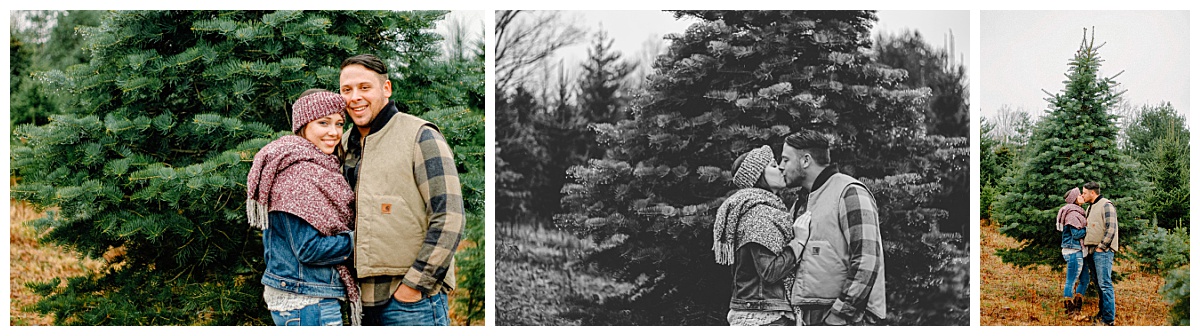 Couple laughing together during a Christmas tree farm photoshoot in Upstate New York